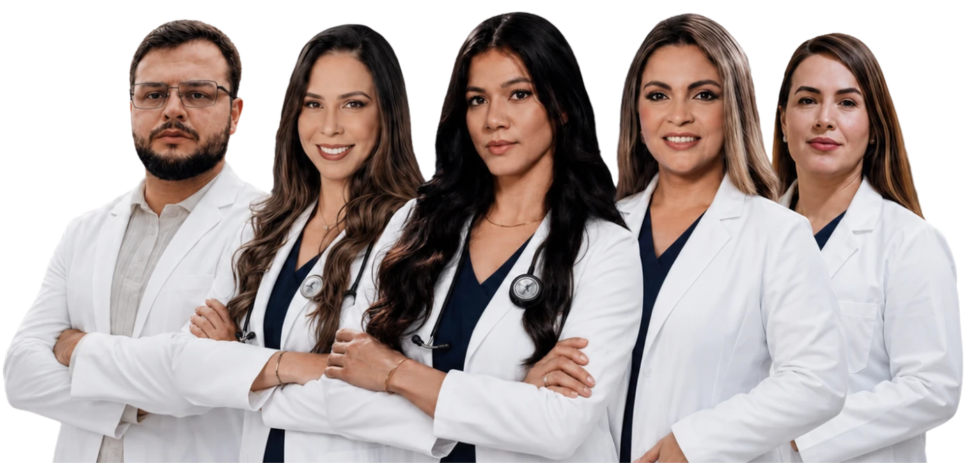 Equipe da Comunidade Revalida: Dr. Álvaro, Dra. Jessica, Dra. Fabiana, Dra. Lourena e Dra. Manuela